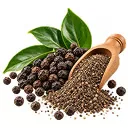 Zwarte peperkorrels en gemalen peper