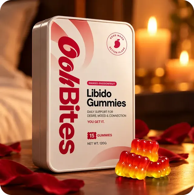 Doos Oohbites gummies en losse gummies op tafel bij kaarslicht
